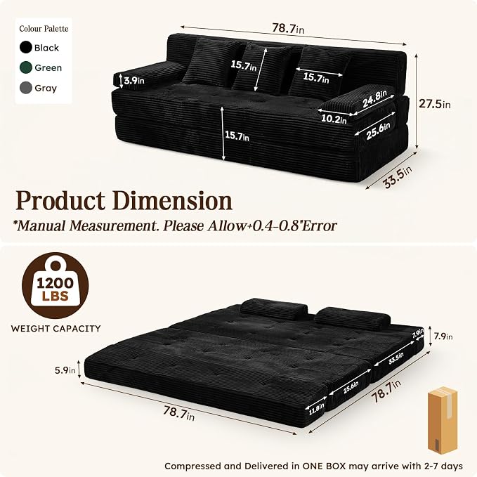 78.7IN Folding Sofa Bed - Convertible Sleeper Sofa Couch with Zippered Pillows, 3 Seater Couches Bed for Living Room, Bedroom, Apartment, No Assembly Required, Freestanding, Corduroy, Black