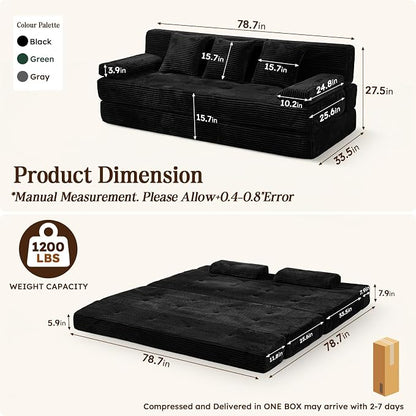 78.7IN Folding Sofa Bed - Convertible Sleeper Sofa Couch with Zippered Pillows, 3 Seater Couches Bed for Living Room, Bedroom, Apartment, No Assembly Required, Freestanding, Corduroy, Black