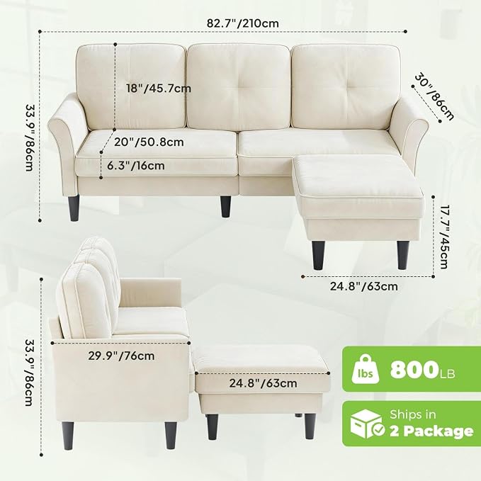 Welzona Sectional Couches for Living Room, 83" Velvet Modern 3 Seater Sofa, L Shaped Couch with Ottoman, Small Sectional Couch Sofas for Living Room, Bedroom, Apartment, Office, Beige Sofa