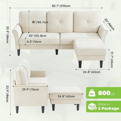 Welzona Sectional Couches for Living Room, 83" Velvet Modern 3 Seater Sofa, L Shaped Couch with Ottoman, Small Sectional Couch Sofas for Living Room, Bedroom, Apartment, Office, Beige Sofa