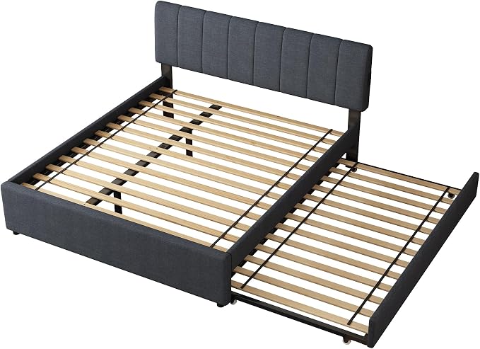 Queen Size Upholstered Platform Bed with Pull-Out Trundle Bed | Twin Size Trundle, LED Lighting Controlled by APP, USB+Type-C Charging Ports, Linen Upholstered Bed Frame,Dark Grey