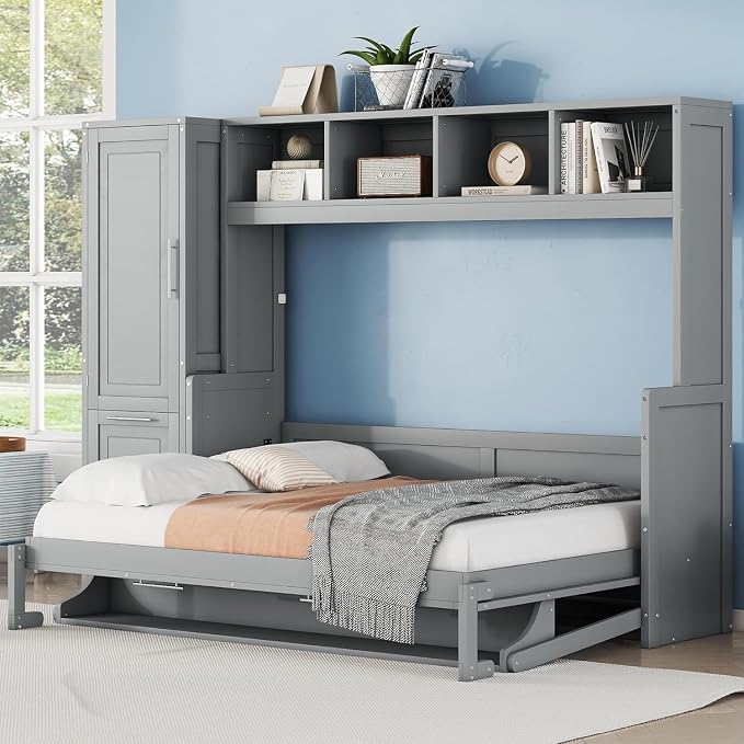 Virubi Full Horizontal Murphy Bed with Storage Wardrobe Closet,2 Drawer,4 Storage Shelves,Wood Folding Murphy Wall Bed Cabinet for Adult (Grey)