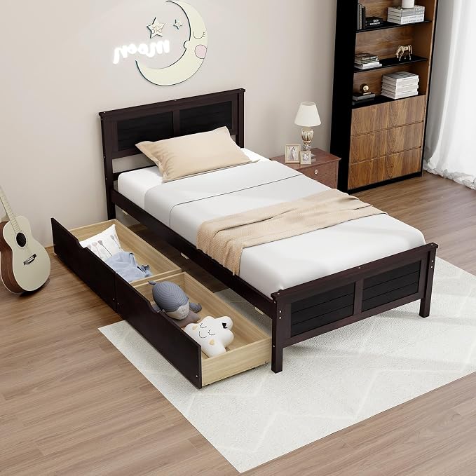 Giantex Wood Twin Bed with 2 Storage Drawers, Solid Wood Platform Bed with Headboard, Wooden Slats Support Mattress Foundation, No Spring Needed, Twin Bed Frame for Kids, Teens, Adults, Espresso