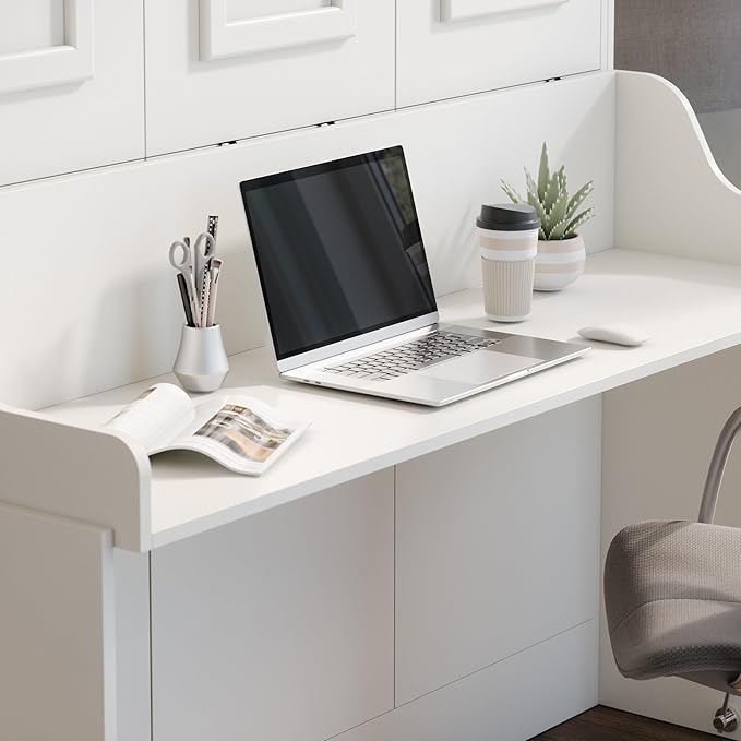 Xtraroom Alegra Full Murphy Bed with Desk | Engineered and Solid Wood Construction | Smooth Painted Finish - NO Melamine Used | Perfect for a Home Office Guest Bed (Warm White)