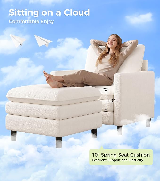 Welzona 3-Layers Cloud Accent Chair with Ottoman, 33" Comfy Reading Chair for Bedroom, Living Room, Tool-Free Assembly with Teddy Fabric Arm Chairs and Ottoman Set, Beige, Removable Washable Cover