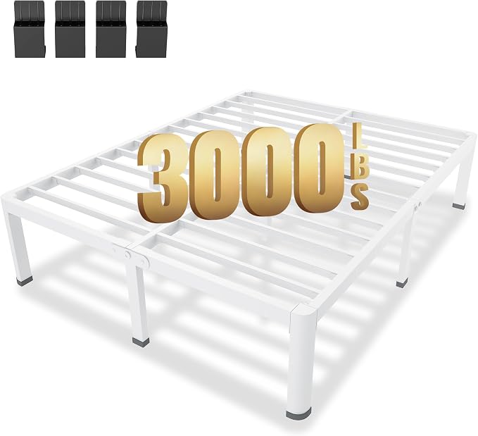 MAF 14 Inch California King Metal Platform Bed Frame White with Round Corner Legs, 3000 LBS Heavy Duty Steel Slats Support, Noise Free, No Box Spring Needed, Easy Assembly