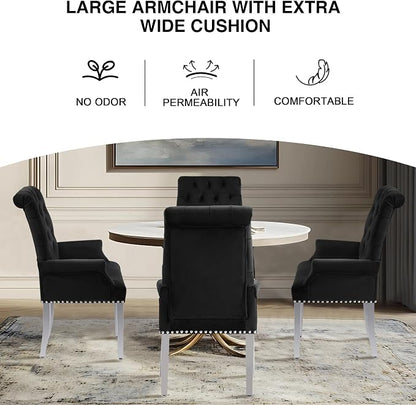 AODCHR Velvet Dining Chairs with Arms, Upholstered Accent Dining Room Chair, Tufted Kitchen Arm Chair with Stainless Steel Leg, Black