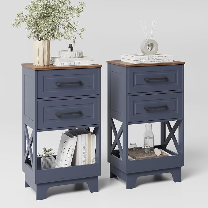 Tall Nightstand Set of 2 Side Table Modern Night Stand with 2 Drawers Wooden Rustic End Table Bedside Table with Upper Open Shelf Solid Feet for Bedroom Navy Blue+Walnut