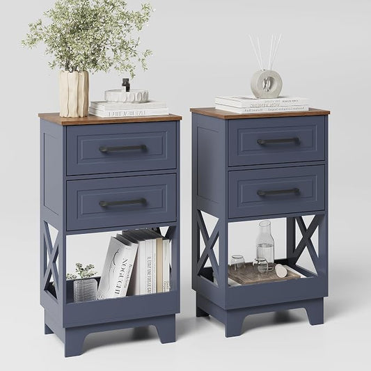 Tall Nightstand Set of 2 Side Table Modern Night Stand with 2 Drawers Wooden Rustic End Table Bedside Table with Upper Open Shelf Solid Feet for Bedroom Navy Blue+Walnut