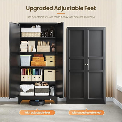 Yizosh Metal Pantry Cabinet, 75" Kitchen Pantry with 2 Door and 4 Adjustable Shelves,Black Metal Pantry Storage Cabinet,Cupboard for Kitchen,Dining Room,Living Room and Bathroom