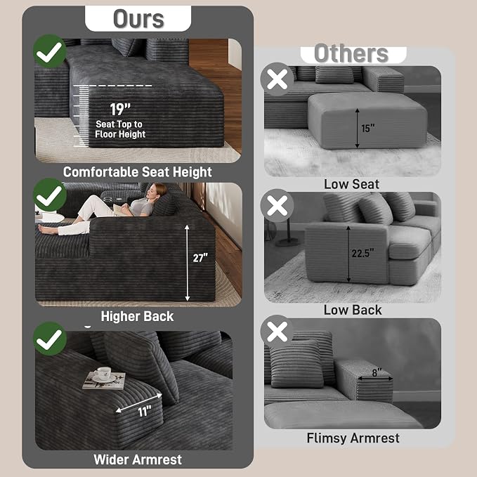 143" Oversized U Shaped Cloud Sectional Couches for Living Room, Comfy Fluffy Corduroy Dark Grey Boneless Couch, Large Modular Sectional Sofa Set with Chaise, Cup Holder, USB Port, Storage Console