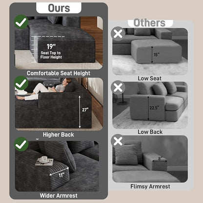 143" Oversized U Shaped Cloud Sectional Couches for Living Room, Comfy Fluffy Corduroy Dark Grey Boneless Couch, Large Modular Sectional Sofa Set with Chaise, Cup Holder, USB Port, Storage Console