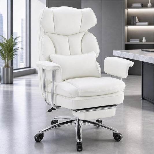 Executive Ergonomic Office Chair, PU Leather High Back Reclining Office Chair with Footrest and Lumbar Support, Height Adjustable Rolling Swivel Computer Chair for Home Office,White