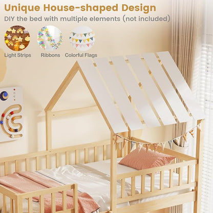 Giantex Twin Over Twin House Bunk Bed, Low Loft Bed Frame with Roof, Wood Bunk Bed with Ladder & Full-Length Guardrails, Twin Floor Bed for Kids Teens Boys Girls, No Box Spring Needed (Natural)