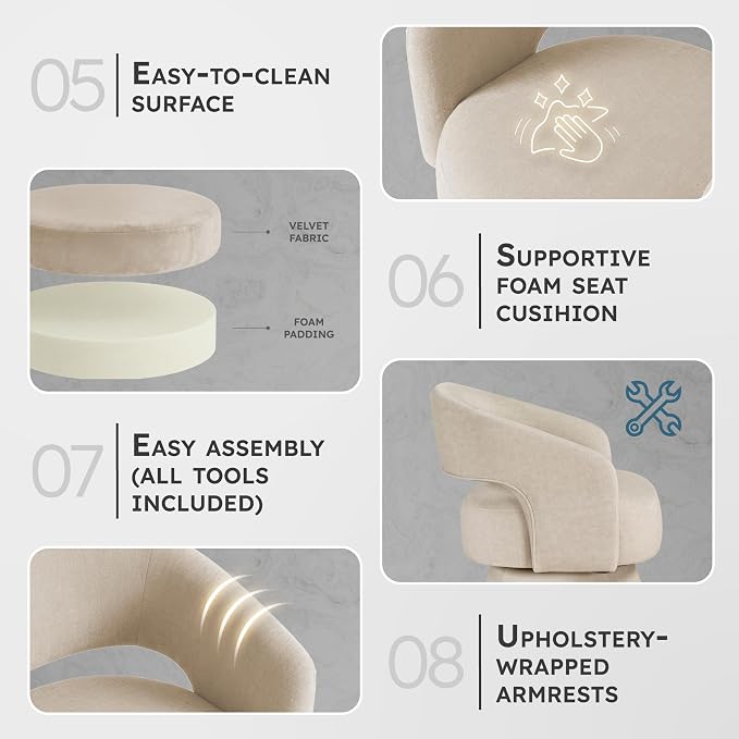 Lexicon 360 Degree Swivel Accent Chair, Modern Comfy Velvet Round Barrel Chair, Open Back, Plush Foam Cushions, Metal Swivel Base for Living Room/Bedroom/Office/Small Spaces, Taupe