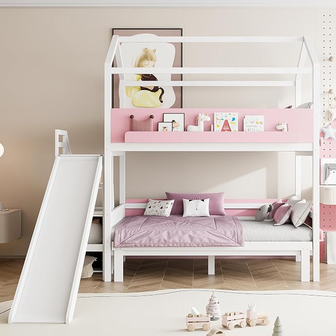 Harper & Bright Designs House Bunk Bed with Slide and Bookshelf, Twin Over Full Bunk Bed with Trundle and Stairs for Kids Teens Juniors, Space Saving, No Box Spring Needed, White+Pink