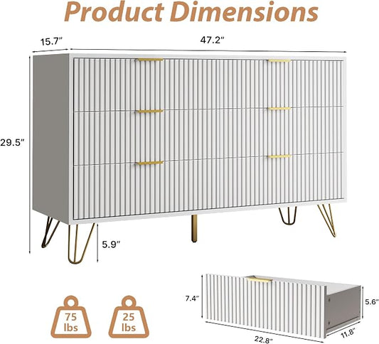 MAISONARIA White Dresser for Bedroom, Modern Dresser with Gold Metal Handles & Chests of Drawers, Wood Chest of Drawers for Bedroom