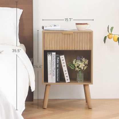 Fultyle Night Stand with Drawer, Mid Century Nightstand with Storage, Modern Fluted Bedside Table Bedroom Living Room for Small Space, Office (Rustic Walnut)