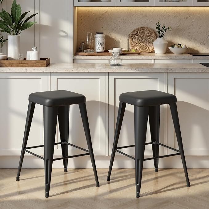 Bar Stools Set of 2, 24" Counter Height Bar Stools Backless, Upholstered Bar Stools with Metal Legs for Kitchen Island, Study Room, Cafe, Black