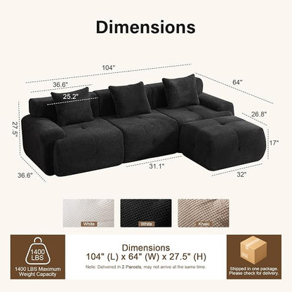 104" Cloud Couch Sectional with Ottoman, L-Shaped Boneless Sofa, Modern Modular Couch, Pineapple Grid Fabric with Foam & Spring Filling for Living Room, No Assembly Required (Black)