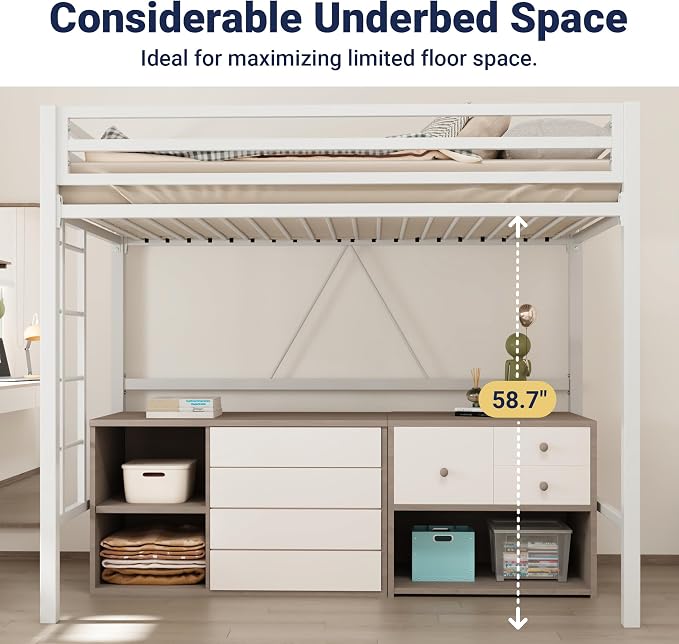 Allewie Metal Loft Bed Twin Size with Guardrail and Ladder,White | Small Space Saving Design for Bedroom Kid Room and Dorm, No Box Spring Needed