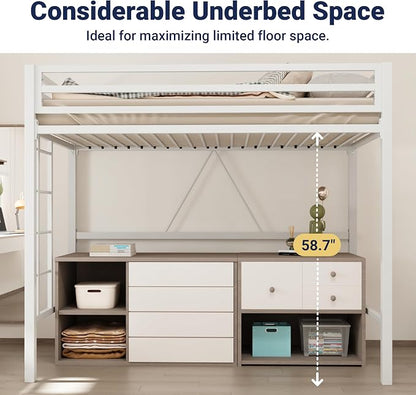 Allewie Metal Loft Bed Twin Size with Guardrail and Ladder,White | Small Space Saving Design for Bedroom Kid Room and Dorm, No Box Spring Needed