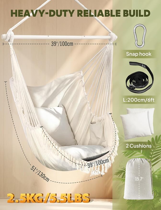 Chihee Hammock Chair Hanging Swing Max 500 Lbs 2 Cushions Included Metal Spreader Bar with Anti-Slip Grooves Portable Hanging Chair Side Pocket Large Macrame Bohemian Chair Indoor Outdoor