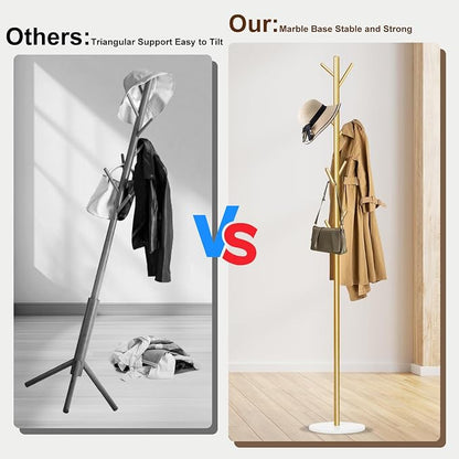 Coat Rack, Metal Freestanding Coat Rack with 8 Hooks, Sturdy Coat Tree with Natural Marble Base for Coats, Hats, Scarves and Handbags for Entryway, Hallway, Bedroom, Office,Dorm (Gold)