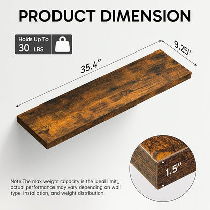 BAYKA Floating Shelves, 35.4 inches Long Wall Mounted Rustic Wood Shelves for Bathroom, Bedroom, Living Room, Kitchen, Office, Hanging Shelf for Books/Storage/Decor(Rustic Brown,Set of 2)