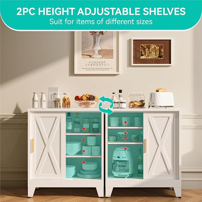 37” H Coffee Bar Storage Cabinet with Sliding Door and Adjustable Shelves,31.5" Wide by 15.8" Deep Small Metal Cabinet,Buffet Sideboard for Living Room Kitchen,White