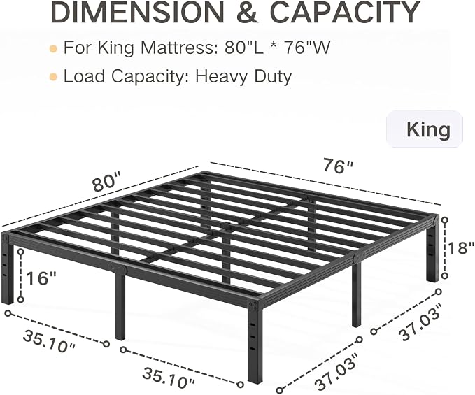 18 Inch Tall Metal Platform King Size Bed Frames with Maximum Storage, Anti-Slip Strengthen Support Mattress Foundation, Noise Free