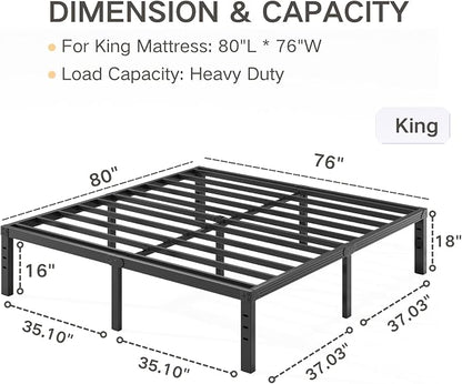 18 Inch Tall Metal Platform King Size Bed Frames with Maximum Storage, Anti-Slip Strengthen Support Mattress Foundation, Noise Free