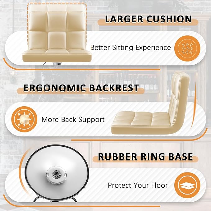 Homall Bar Stools Modern PU Leather Adjustable Swivel Barstools, Armless Hydraulic Kitchen Counter Bar Stool Extra Height Square Island Barstool with Back Set of 2 (Leather, Beige)