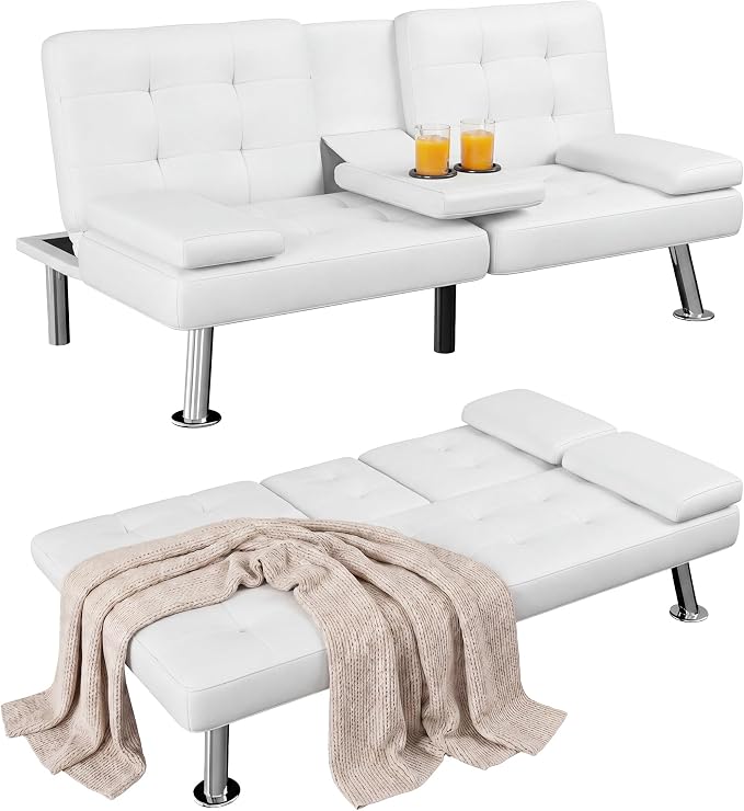 Homall Futon Sofa Bed, Leather Futon Couch with Removable Armrests, Adjustable Recliner Sleeper Sofa Bed with Dual Cup Holders for Living Room, Apartment, Office (White)