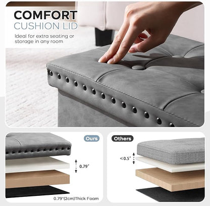 oakvivo 30 Inches Folding Storage Ottoman Bench, Leather End of Bed Foot Rest Stools with Button Tufted Rivet Design, Ottoman with Padded Seat for Bedroom, Living Room, Entryway, 330 lb, Grey