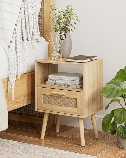 Aienvey Rattan Nightstand, Small Night Stand, Side Table with Drawer Open Shelf, Cane Accent Bedside End Table with Wood Legs, Mid Century Modern Nightstand for Bedroom, Oak (Mid-Century Modern)