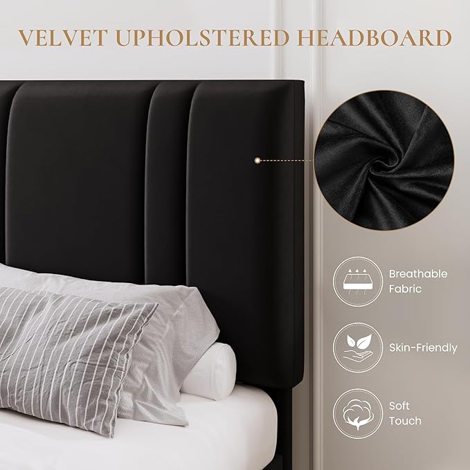 SHA CERLIN Full Size Platform Bed Frame, Velvet Upholstered Bed with Adjustable Headboard, Vertical Channel Tufted Design, Sturdy Wood Slat Support, No Box Spring Needed, Easy Assembly, Black