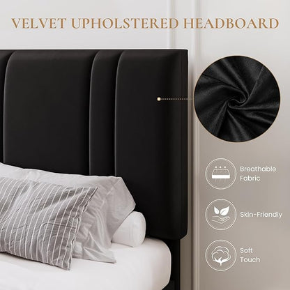 SHA CERLIN Full Size Platform Bed Frame, Velvet Upholstered Bed with Adjustable Headboard, Vertical Channel Tufted Design, Sturdy Wood Slat Support, No Box Spring Needed, Easy Assembly, Black