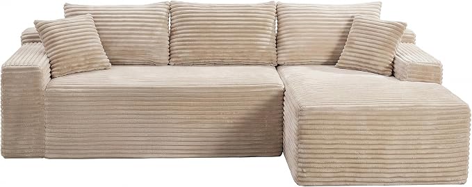 105-Inch L-Shaped Right Facing Corner Compressed Sofa Modular Sectional Boneless Cloud Sofa Floor Foam Couch with Chaise Lounge, Corduroy Corner Boneless Cloud Couch