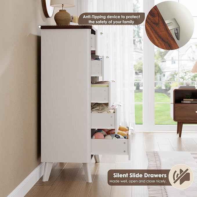 GarveeHome Fluted Dresser for Bedroom with 5 Deep Drawers, 47.2" Tall Chest of Drawers, Curved Profile Design, Modern Wooden Dresser, for Living Room, Kids Room, Hallway, White