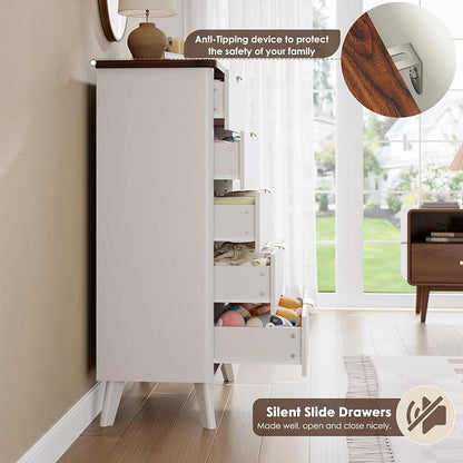 GarveeHome Fluted Dresser for Bedroom with 5 Deep Drawers, 47.2" Tall Chest of Drawers, Curved Profile Design, Modern Wooden Dresser, for Living Room, Kids Room, Hallway, White