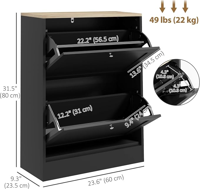 HOMCOM Shoe Storage Cabinet with 2 Flip Drawers, Wooden Freestanding Shoe Organizer with Adjustable Shelves for Entryway, Hallway, Black
