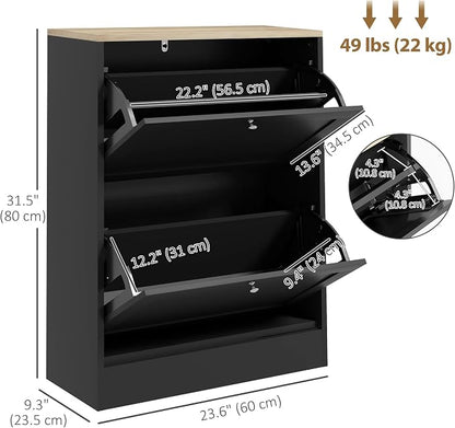 HOMCOM Shoe Storage Cabinet with 2 Flip Drawers, Wooden Freestanding Shoe Organizer with Adjustable Shelves for Entryway, Hallway, Black