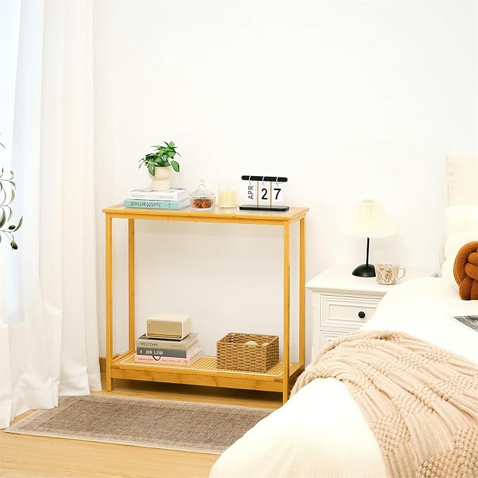 Bamboo Narrow Console Table, 31.5"(L) Wood Small Entryway Table with Rattan and Glass, Accent Slim Hallway Tables, Thin Sofa Side Tables for Hallway, Living Room, Foyer, Burlywood