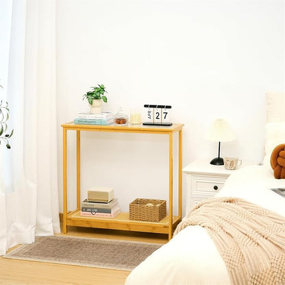 Bamboo Narrow Console Table, 31.5"(L) Wood Small Entryway Table with Rattan and Glass, Accent Slim Hallway Tables, Thin Sofa Side Tables for Hallway, Living Room, Foyer, Burlywood