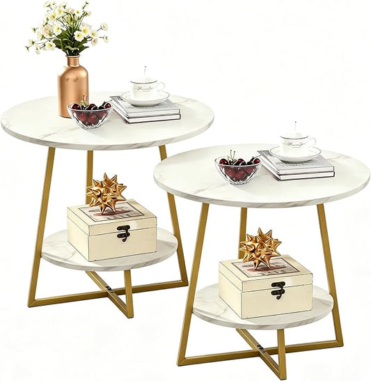 D&H FURNIMMT 20" Living Room Side Table Set of 2 for Small Spaces, 2 Tier Wood Top Round End Tables with Storage Shelf, Accent Sofa Table for Bedroom, Office, Sunroom, Balcony, White Faux Marble/Gold