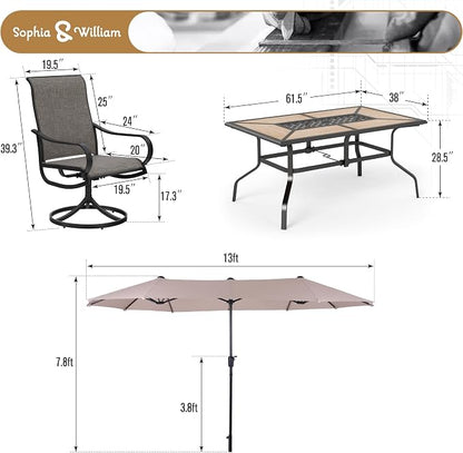 Sophia & William Patio Set with Umbrella Outdoor Dining Set for 6 with 13ft Umbrella Beige, 6 x Patio Chairs Brown, 1 Wood Like Outdoor Dining Table for Deck Lawn Garden (No Umbrella Base)