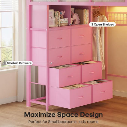 ADORNEVE Loft Bed Full Size with Desk and 8 Storage Drawers, LED Metal Loft Bed with Power Outlet, 2 Shelves & Clothing Rack, Bed with Safety Guardrail & Ladder,Space-Saving, Pink