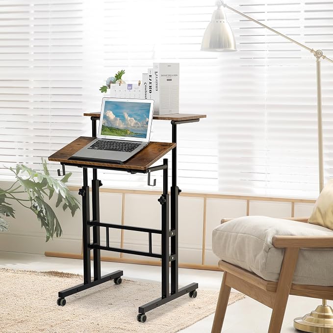 SIDUCAL Mobile Standing Desk, Portable Stand Up Desk, Small Adjustable Converter with Wheels Home Office Workstation, Rolling Laptop Cart for Sitting, Rustic Brown