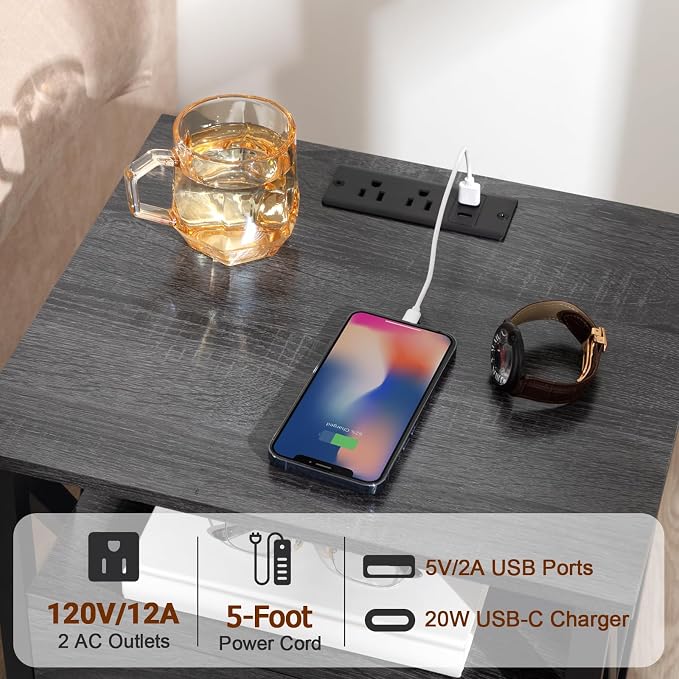 AMHANCIBLE Nightstands Set of 2, LED Night Stand with Charging Station, End Side Tables with USB Port & Outlet, Bedside Table with Fabric Drawers for Bedroom, Dark Grey, HET053LDG